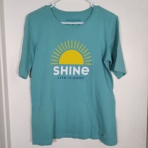 Life is Good Crusher T-Shirt Top Women's M Teal Blue Yellow SHINE